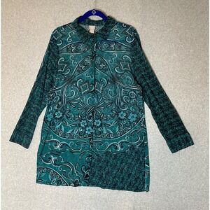 Karen Kane Sheer Tunic Top‎ Womens Size 12/14 Green Floral Button Up Longsleeve